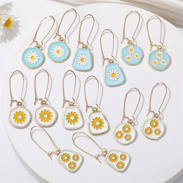 Gold Tone White and Blue Daisy Long Hook Earrings in Seven Designs