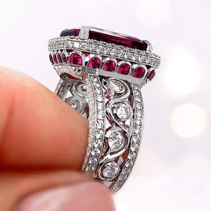 Deep Red Rectangular Halo Ring with Filigree Band, Silver-Tone Brass, Sizes 6-10