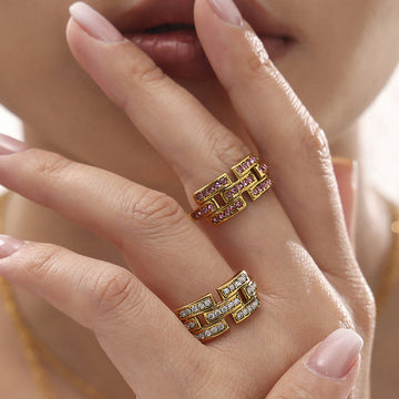 Geometric Link Open Ring Micro Zircon Stainless Steel Size Seven