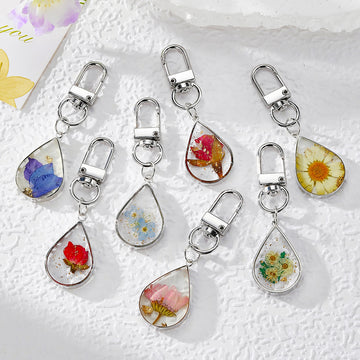 Silver Teardrop Dried Flower Resin Keychains Lobster Clasp 7 Styles