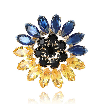 Blue and Yellow Crystal Sunflower Brooch With Optional Chain Fringe