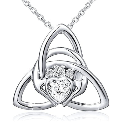 Silver Celtic trinity knot heart claddagh pendant on white background