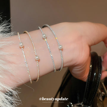 Silver Tone Crystal and Pearl Layered Open Cuff Bracelet