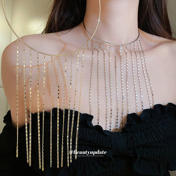 Long Fringe Collar Necklace with Graduated Chain Tassels