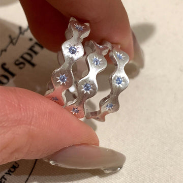 Silver Wavy Rhombus Crystal Open Ring Light Blue Stones