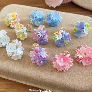 Colorful Crystal Flower Cluster Clip On Earrings In Six Styles