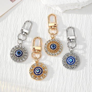 Rhinestone Evil Eye Round Alloy Keychains Gold Silver