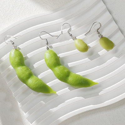 Main product view of realistic Green Edamame Pod and Bean Drop Earrings in Two Sizes