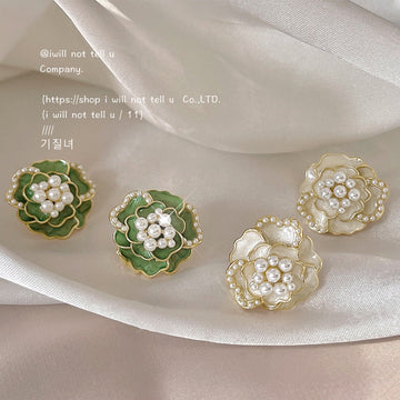 Green Cream Enamel Camellia Pearl Stud Earrings Pair
