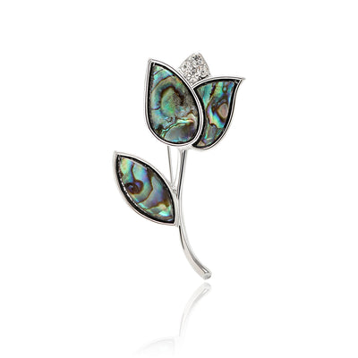 Front view of three abalone-shell leaf shapes arranged as a tulip stem