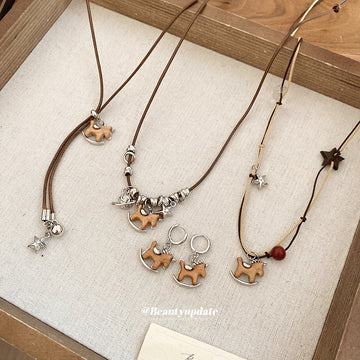 Wood Rocking Horse Cord Necklaces Silver Hoop Earrings Mix