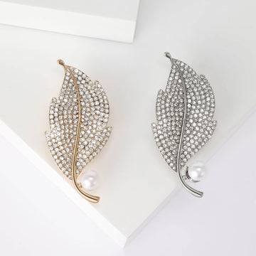 Crystal Leaf Brooch With Pearl in Gold or Silver Tone