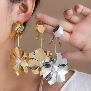 Silver-Tone Layered Flower Drop Earrings with Pearl-Look Centers