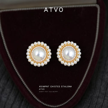 Gold Tone Large White Pearl And Small Pearl Halo Stud Earrings