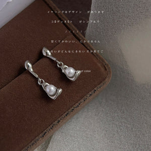 Silver Liquid Metal Drop Earrings White Pearl Cup Dangle