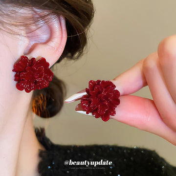 Deep Red Layered Fabric Flower Stud Earrings With Ruffled Petals