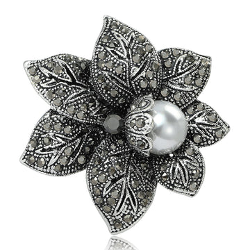 Pearl Flower Leaf Brooch Vintage Rhinestone Metal Pin