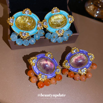 Colorful Oval Faceted Crystal Earrings With Beaded Fringe