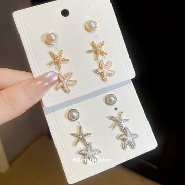 Pearl and Starfish Stud Earring Sets in Gold and Silver