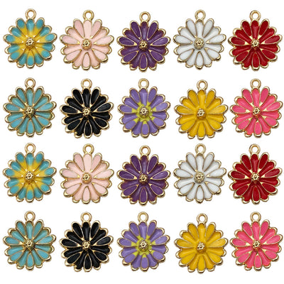 Colorful daisy charms arranged on a light background