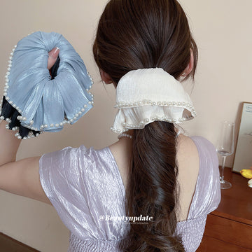 Black Or Ivory Sheer Petal Scrunchie With Pearl Like Edging