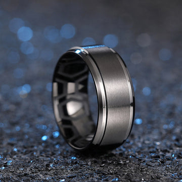 Black Brushed Band Ring Inner Geometric Texture Sizes 6-13