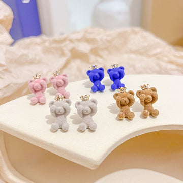 Beige Fuzzy Crown Teddy Bear Novelty Small Stud Earrings