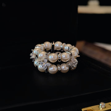 Silver Double Layer Pearl Stretch Ring Flower Zirconia