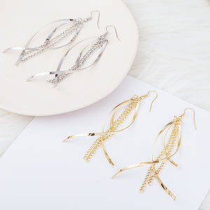 Crossed Curve Chain-Fringe Hook Earrings, Electroplated Alloy