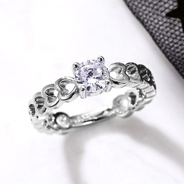 Silver Hollow Open Heart Band Clear CZ Solitaire Ring
