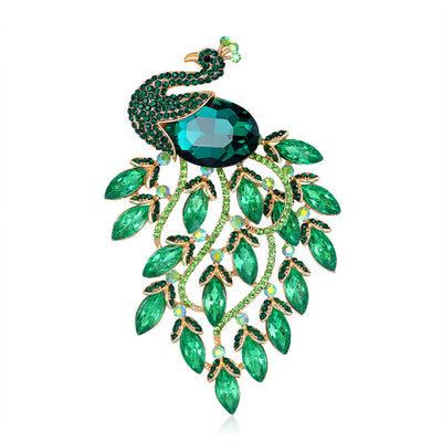 Front product view of the peacock brooch pin in green and gold