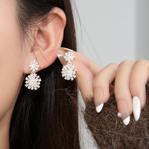 Silver-Tone Snowflake Cluster Drop Earrings with Faux Pearls and Clear Stones