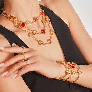 Gold Stainless Steel Heart Czech Glass Necklace Bracelet Earrings