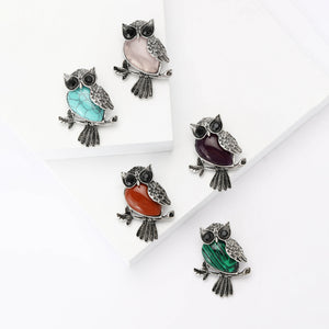 Antique Silver Owl Cabochon Brooch Black Crystal Eyes