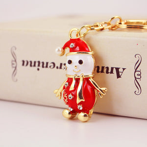 Red Enamel Snowman Keychain with Clear Stones and Gold-Tone Clasp
