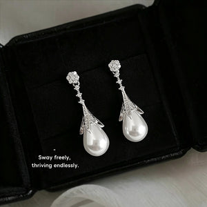 Silver-Tone Floral Stud White Teardrop Pearl Drop Earrings