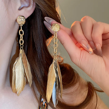 Gold and Brown Layered Feather Drop Earrings with Round Studs