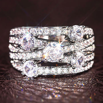 Silver Tone Multi Band Cross CZ Statement Cocktail Ring