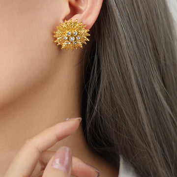 Gold Leaf Sunburst Stud Earrings Clear Crystal Center