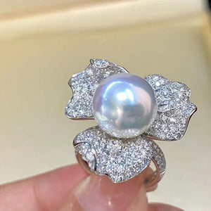 Silver Tone Pearl Center Crystal Camellia Ring Fashion Jewelry