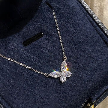 Silver Butterfly Marquise CZ Pendant Necklace Delicate Chain