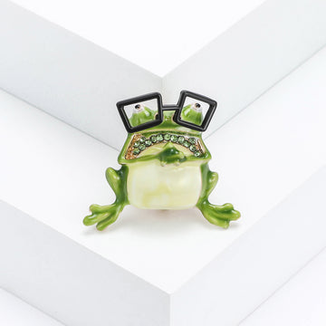 Green Frog in Square Glasses Brooch with Crystal Detail