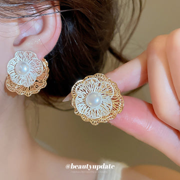 Layered Gold Tone Flower Stud Earrings with Pearl Centers
