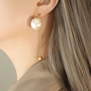 Gold Faux Pearl Stud Earrings Chain Tassel Ball Charm