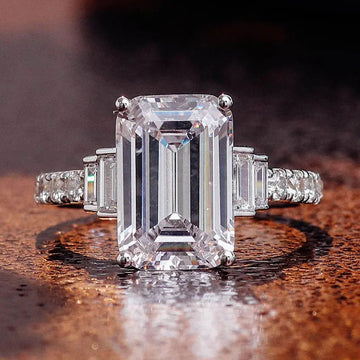 Oversized Rectangular Solitaire Stepped Three-Stone Ring In Silver Tone