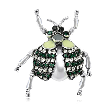 Silver Tone Beetle Brooch with Green Crystal Wing Details