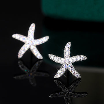 Silver Pavé CZ Starfish Stud Earrings Clear Full Cover