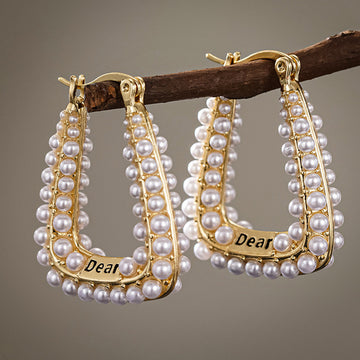 Pearl Border Square Hoop Earrings in Gold Tone Polished Metal Earrings