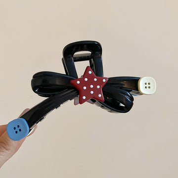 Black Acrylic Bow Claw Clip Red Star Button Accents