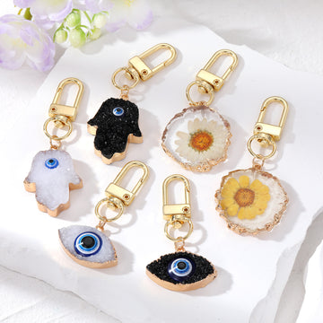 Gold Tone Druzy Style Hamsa Evil Eye and Pressed Flower Clip Keychains